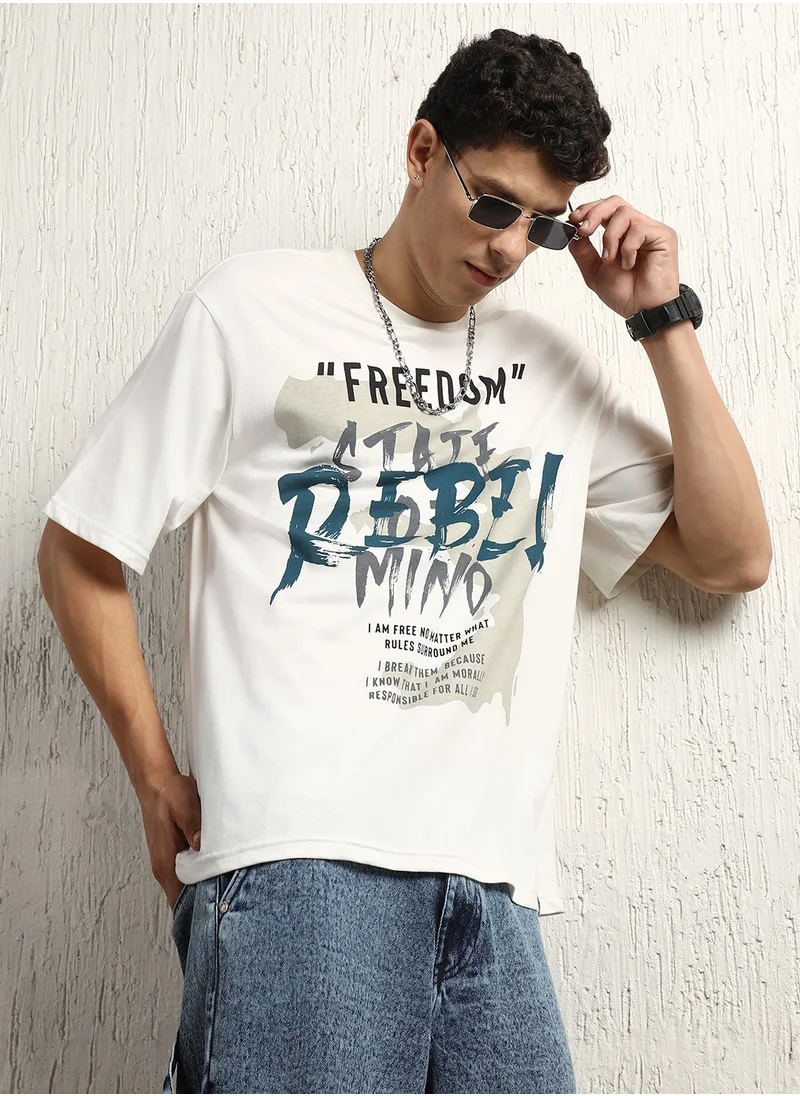 هوبرهولمي Men's White Typography Printed Cotton T-Shirt