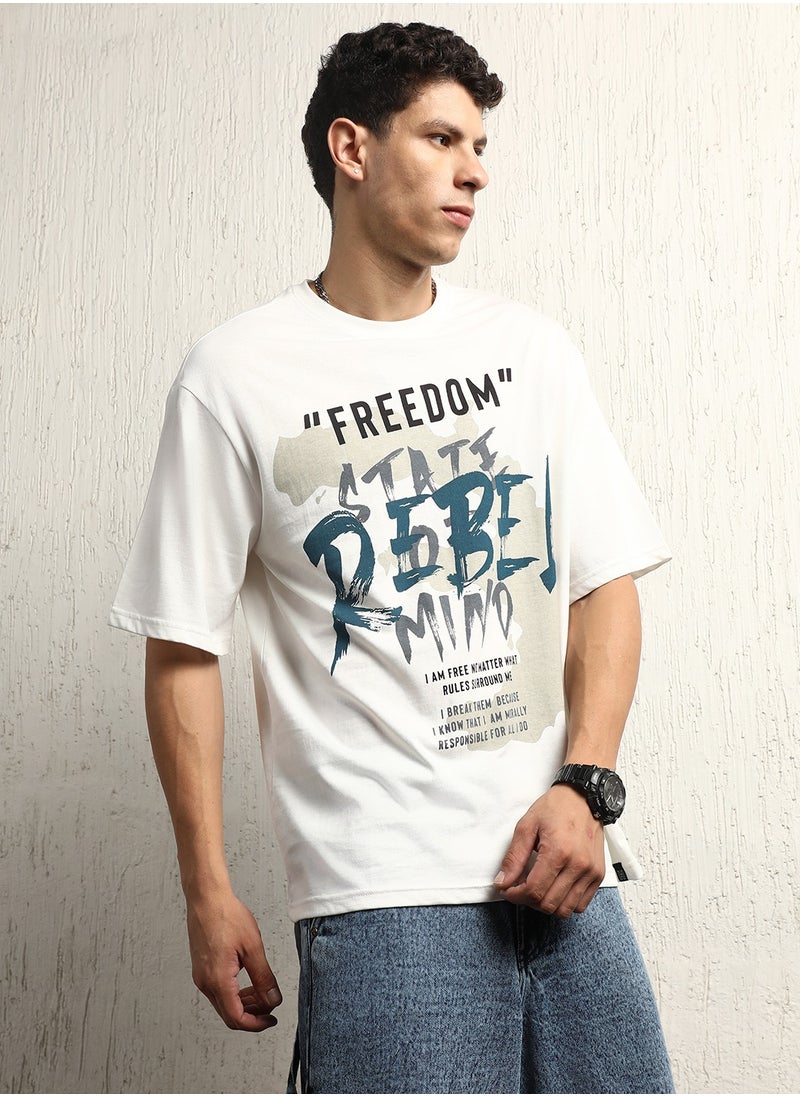 Hubberholme Men's White Typography Printed Cotton T-Shirt  - Image 3