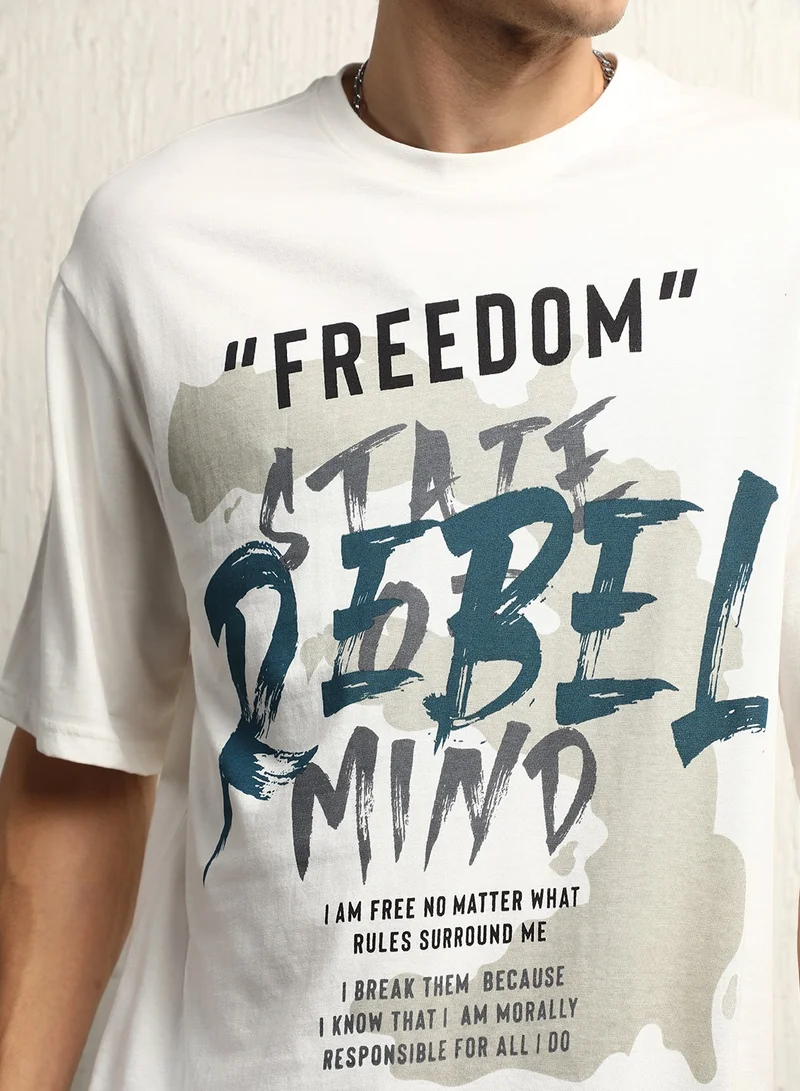 Hubberholme Men's White Typography Printed Cotton T-Shirt