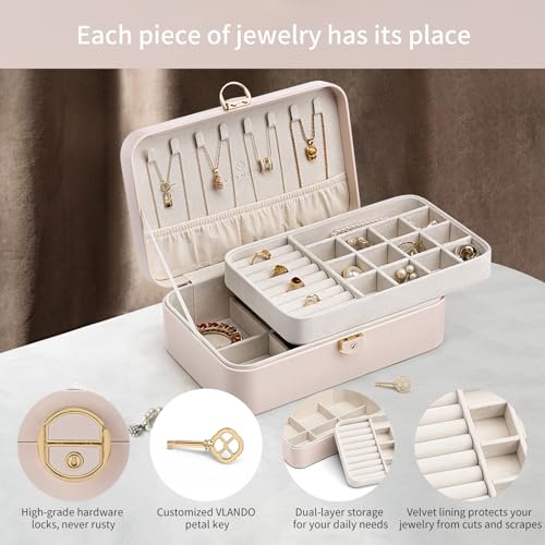Vlando 2Layer Jewelry BoxValentines Day Gifts for Her Jewelry Organizer for Women Removable Jewelry Tray for Earrings NecklaceGift IdeasBirthday Graduation Gifts Apricot Pink - Image 3