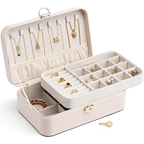 Vlando 2Layer Jewelry BoxValentines Day Gifts for Her Jewelry Organizer for Women Removable Jewelry Tray for Earrings NecklaceGift IdeasBirthday Graduation Gifts Apricot Pink - Image 1