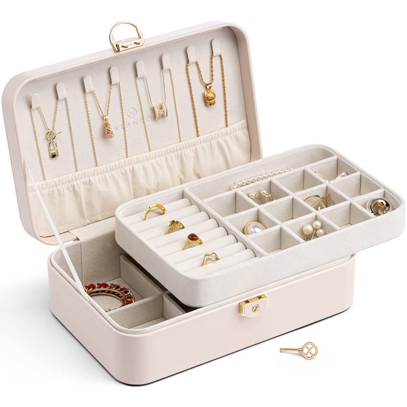 Vlando 2Layer Jewelry BoxValentines Day Gifts for Her Jewelry Organizer for Women Removable Jewelry Tray for Earrings NecklaceGift IdeasBirthday Graduation Gifts Apricot Pink - Image 2