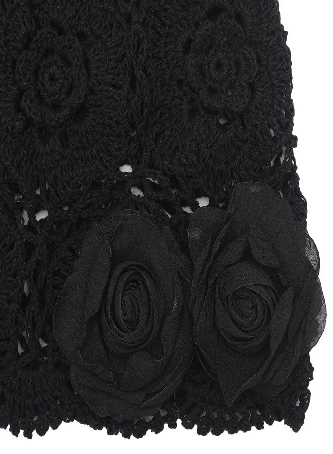 ZLYC قبعة صوفية صيفية نسائية من ZLYC، مصنوعة يدويًا من الكروشيه، مزينة بزهور سوداء، مقاس واحد - Image 5