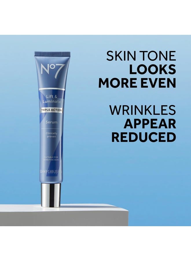 No7 Lift and Luminate Triple Action Face Serum – Anti-Wrinkle Collagen Peptide Serum with Vitamin C, Brightening Emblica, Pro Retinol, Hyaluronic Acid & Hibiscus for Skin Firming (30ml) - Image 2