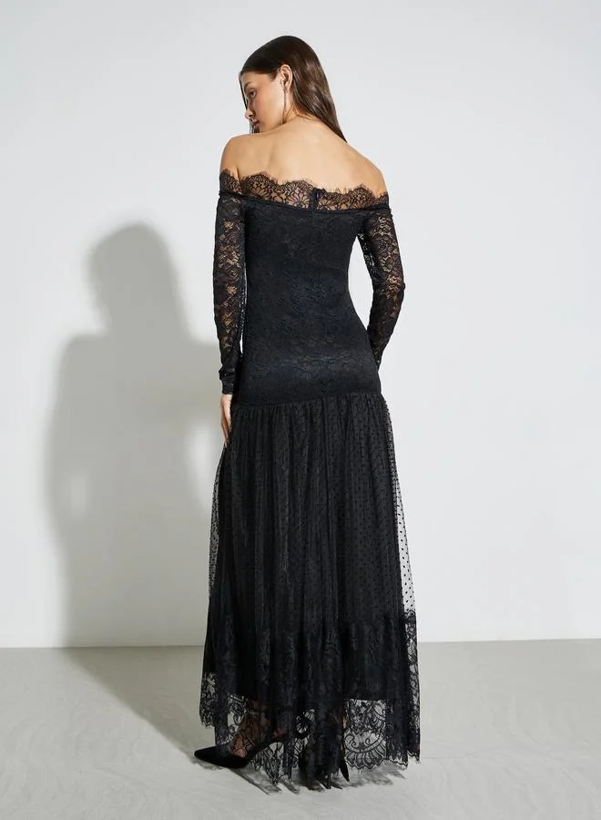 Styli  Black Off Shoulder Lace Insert Maxi Dress for Women | Best Price UAE