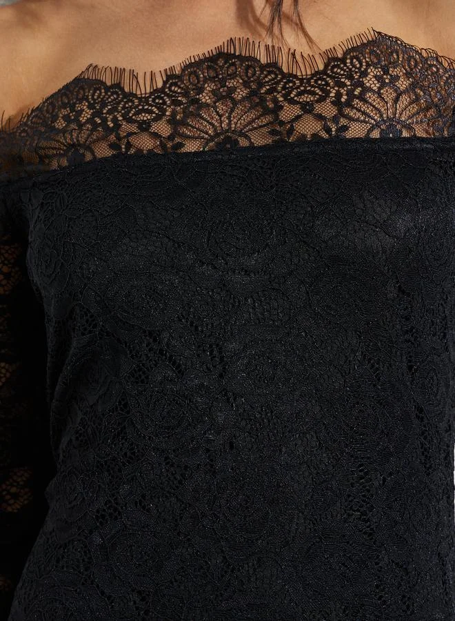Styli  Black Off Shoulder Lace Insert Maxi Dress for Women | Best Price UAE