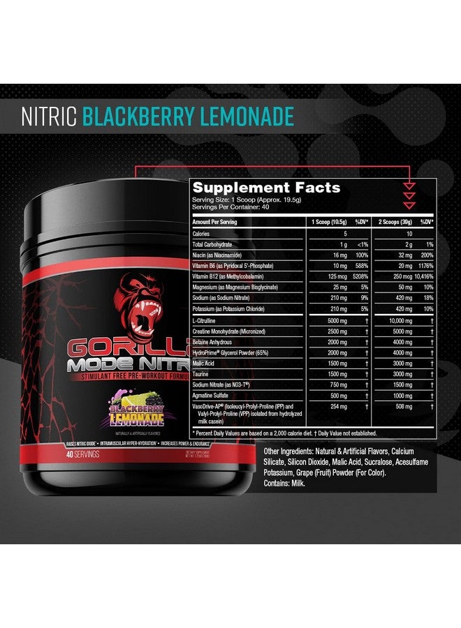 Gorilla Mind Gorilla Mode Nitric Upgraded Stimulant Free Pre-Workout - Best Tasting and Most Effective Stimulant Free Pre-Workout/Massive Pumps · Vasodilation · Power / 780 Grams (BlackBerry Lemonade) - Image 2