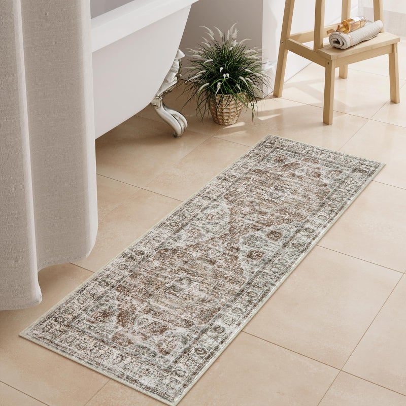 Uphome Bathroom Runner Rug, Distressed Farmhouse Boho Khaki Bath Mat, Non Slip Washable Long Bath Rugs, Vintage Traditonal Soft Velvet Bathroom Runner for Bathtub Sink Shower, 18x47 inch - Image 1