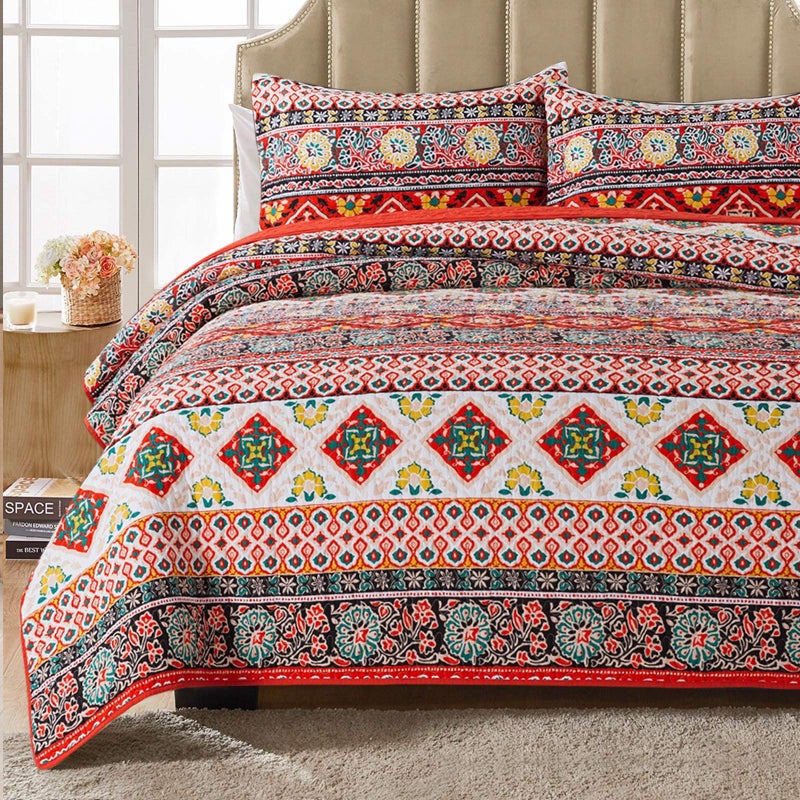 HoneiLife Quilt Set Queen Size  3 Piece Cotton Bedspreads Bohemia Coverlet Lightweight Bedcover Warm Bedding Set All Season QuiltsRed