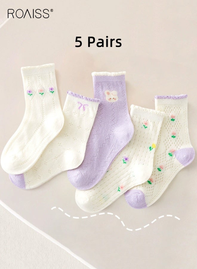 رويس مجموعة من 5 أزواج من الجوارب الشبكية، جوارب قصيرة للبنات بنقوش جميلة، جوارب قصيرة مريحة للبنات، جوارب قصيرة للبنات، سهلة التنسيق مع الملابس - Image 1