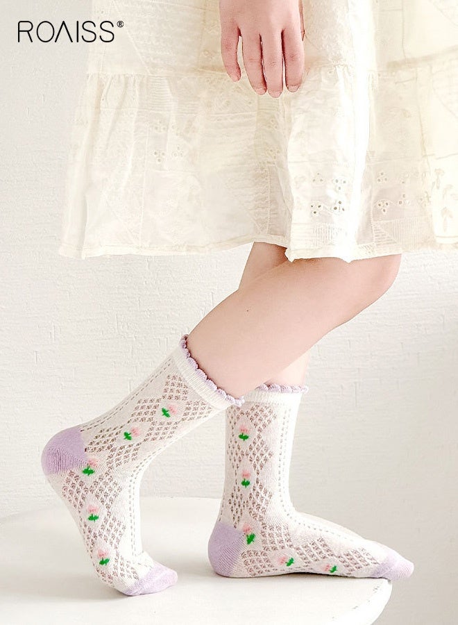 رويس مجموعة من 5 أزواج من الجوارب الشبكية، جوارب قصيرة للبنات بنقوش جميلة، جوارب قصيرة مريحة للبنات، جوارب قصيرة للبنات، سهلة التنسيق مع الملابس - Image 2