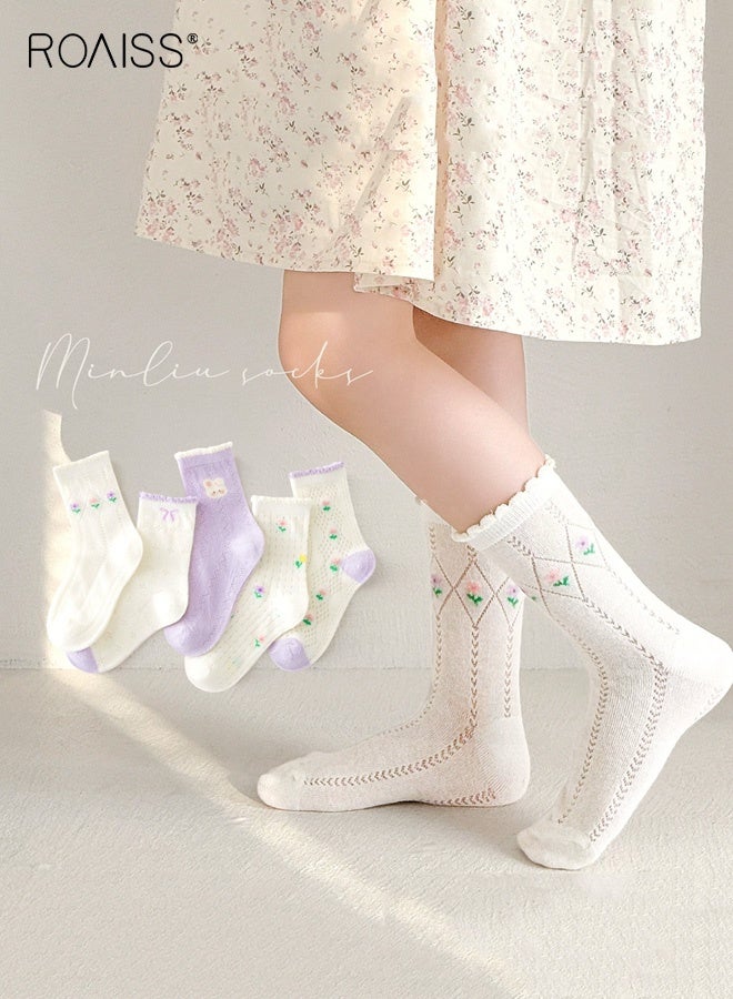 رويس مجموعة من 5 أزواج من الجوارب الشبكية، جوارب قصيرة للبنات بنقوش جميلة، جوارب قصيرة مريحة للبنات، جوارب قصيرة للبنات، سهلة التنسيق مع الملابس - Image 3