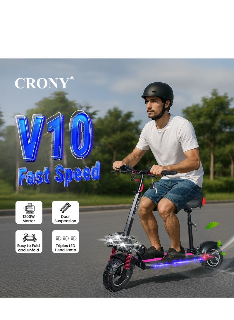 Crony - V10 Fast Speed E-Scooter 1200w Motor 48v/12ah,45-68km/Mh 10"Off-Road Tires,Dual Suspension/Hydraulic Disc Brakes E-Bike, Triple Led Headlamps, All-Terrain, Easy Foldable, Portable Commuter Electric Scooter For Adults & Kids, 120kg Load Skateboard E-Bike, 21kg Aluminum Frame, Urban Mobility Tool，Red - Image 1