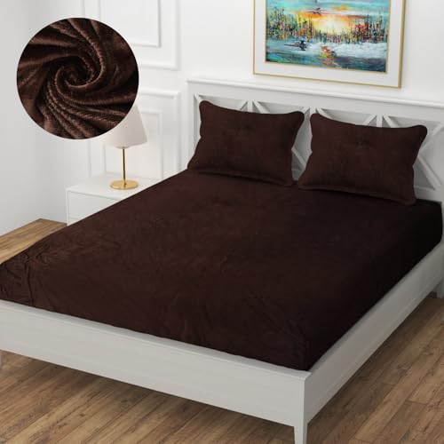 OSONIC Velvet Warm Winter Solid Flannel Elastic Fitted Bedsheets for Double Bed King Size 72X78 Inches with 2 Pillow Covers 200 TC|Double Bed Warm Bedsheet with Elastic-Fitted (Brown) - Image 1