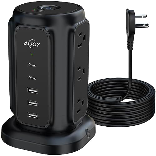 AiJoy برج شريط الطاقة AiJoy مع 9 مآخذ و 5 منافذ USB (2 USB-C)، حماية من زيادة التيار 1200J، سلك تمديد 1625W مع محطة شحن متعددة المآخذ للاستخدام المنزلي أو في السكن الجامعي أو المكتب - Image 1