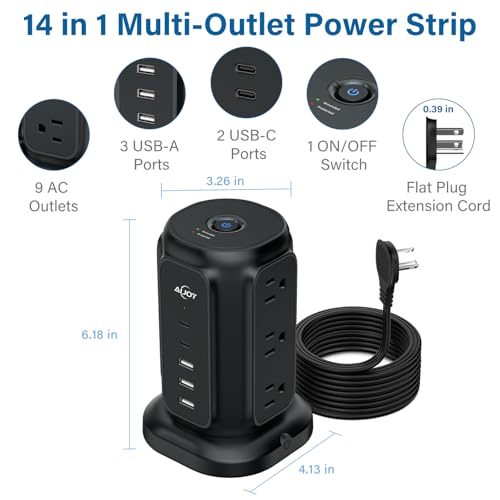 AiJoy برج شريط الطاقة AiJoy مع 9 مآخذ و 5 منافذ USB (2 USB-C)، حماية من زيادة التيار 1200J، سلك تمديد 1625W مع محطة شحن متعددة المآخذ للاستخدام المنزلي أو في السكن الجامعي أو المكتب - Image 2