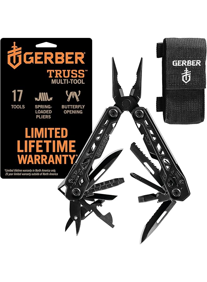 Gerber Truss 17 In 1 Edc Needle Nose Pliers Multi Tool Includes Pocket Knife Screwdriver And Bottle Opener Accessories Gifts For Men Fishing And Camping Black With Molle Sheath - Image 1