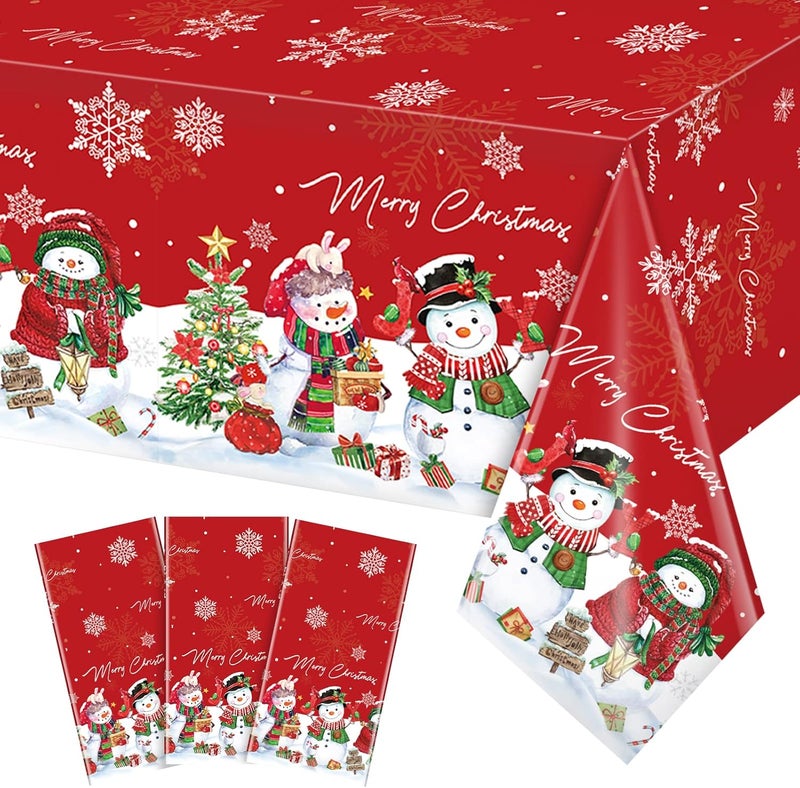 FunnyPars 3Pcs Christmas Snowman TableclothPlastic Christmas Snowman Snowflake Winter Table Cover with Xmas Tree for Winter Holiday Themed Party Decorations and Supplies54x 108inchRed - Image 1