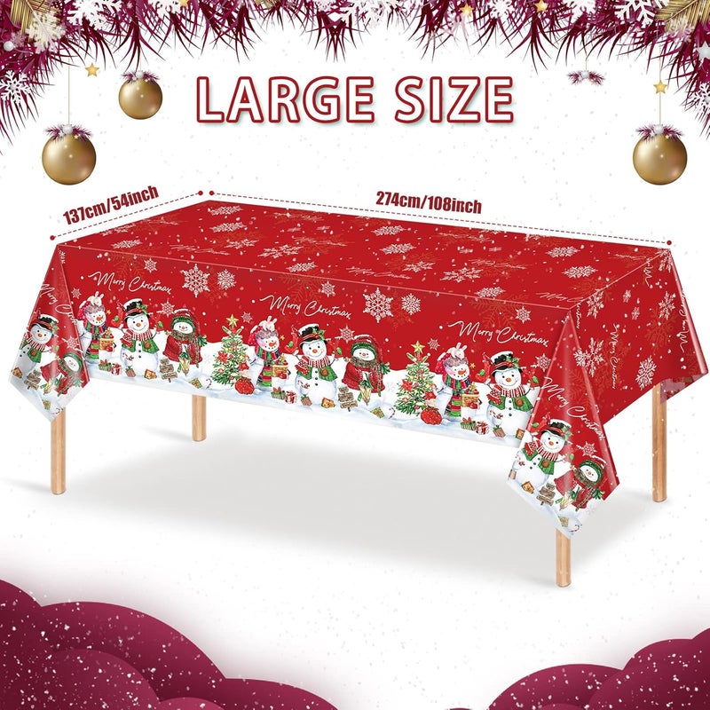 FunnyPars 3Pcs Christmas Snowman TableclothPlastic Christmas Snowman Snowflake Winter Table Cover with Xmas Tree for Winter Holiday Themed Party Decorations and Supplies54x 108inchRed - Image 2