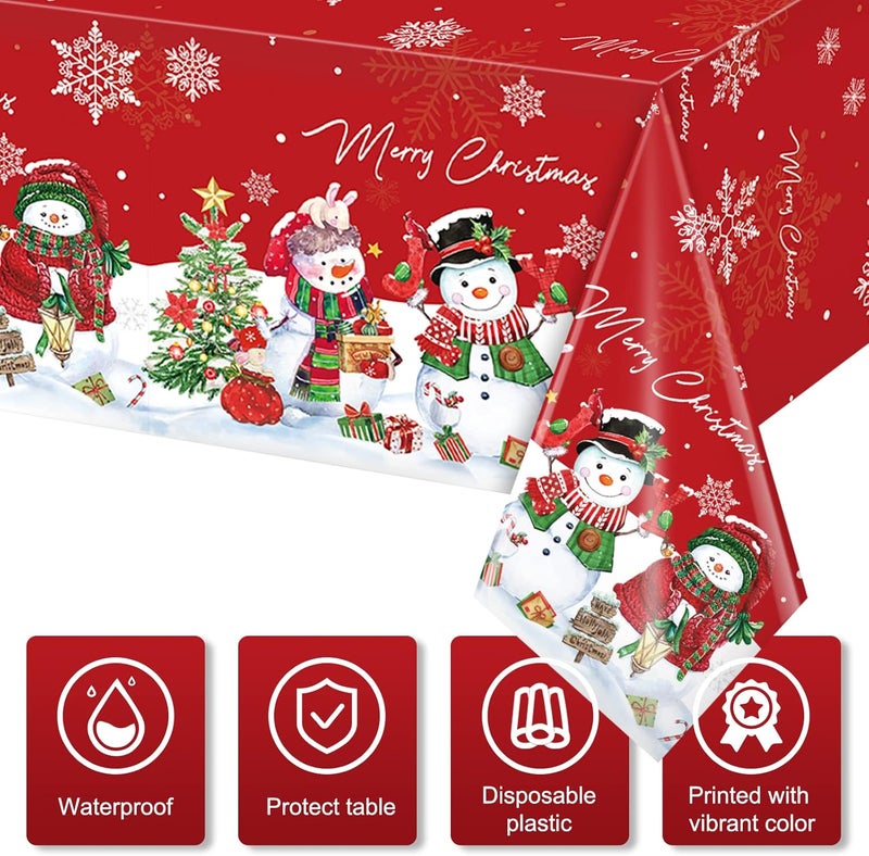 FunnyPars 3Pcs Christmas Snowman TableclothPlastic Christmas Snowman Snowflake Winter Table Cover with Xmas Tree for Winter Holiday Themed Party Decorations and Supplies54x 108inchRed - Image 3