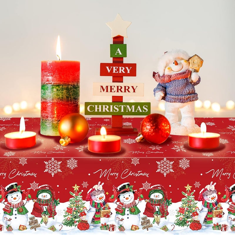 FunnyPars 3Pcs Christmas Snowman TableclothPlastic Christmas Snowman Snowflake Winter Table Cover with Xmas Tree for Winter Holiday Themed Party Decorations and Supplies54x 108inchRed - Image 5