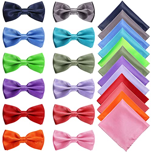 SATINIOR 24 Pcs Pre Tied Bow and Tie Pocket Square Set 12 Solid Color Adjustable Bowtie 12 Satin Handkerchief for Men Boys(Fresh Colors) - Image 1