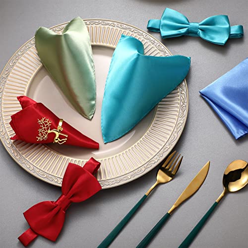 SATINIOR 24 Pcs Pre Tied Bow and Tie Pocket Square Set 12 Solid Color Adjustable Bowtie 12 Satin Handkerchief for Men Boys(Fresh Colors) - Image 5