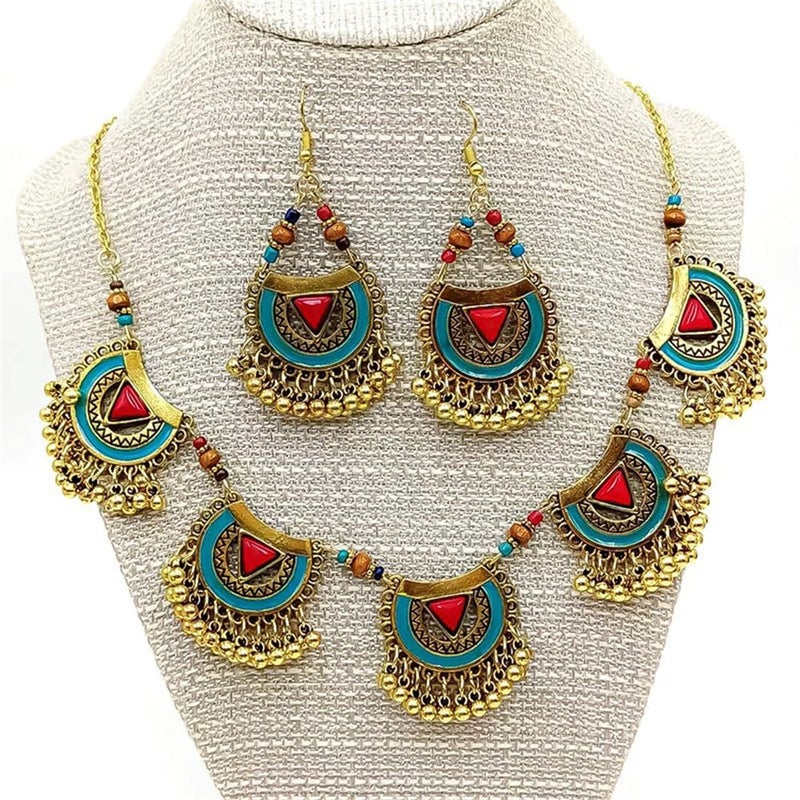 OIDIMS Bohemian Jhumkas Jewellery Set Vintage Oxidized Tribal Bollywood Traditional Jhumka Tassel Beaded Choker Necklace for Women Bride Ethnic Dangle Earrings Wedding Party Fashion Indian Costume Gifts - Image 3