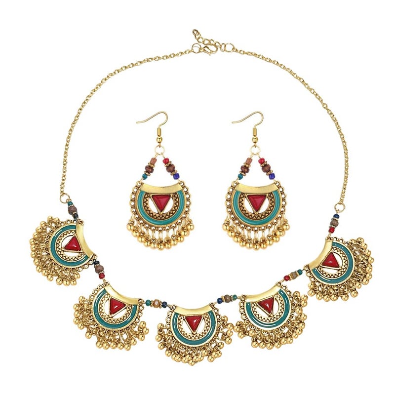 OIDIMS Bohemian Jhumkas Jewellery Set Vintage Oxidized Tribal Bollywood Traditional Jhumka Tassel Beaded Choker Necklace for Women Bride Ethnic Dangle Earrings Wedding Party Fashion Indian Costume Gifts - Image 1