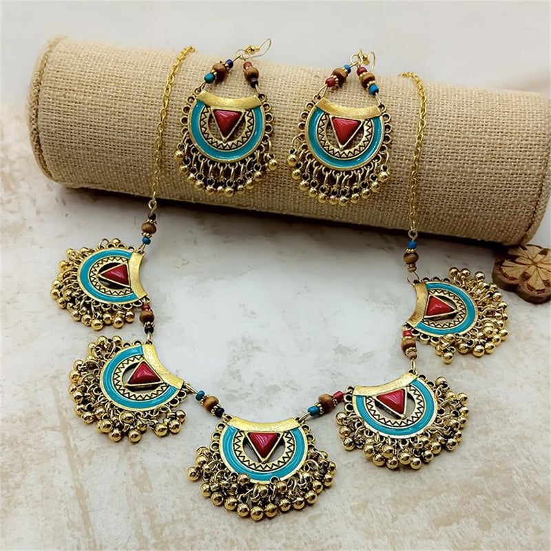 OIDIMS Bohemian Jhumkas Jewellery Set Vintage Oxidized Tribal Bollywood Traditional Jhumka Tassel Beaded Choker Necklace for Women Bride Ethnic Dangle Earrings Wedding Party Fashion Indian Costume Gifts - Image 5