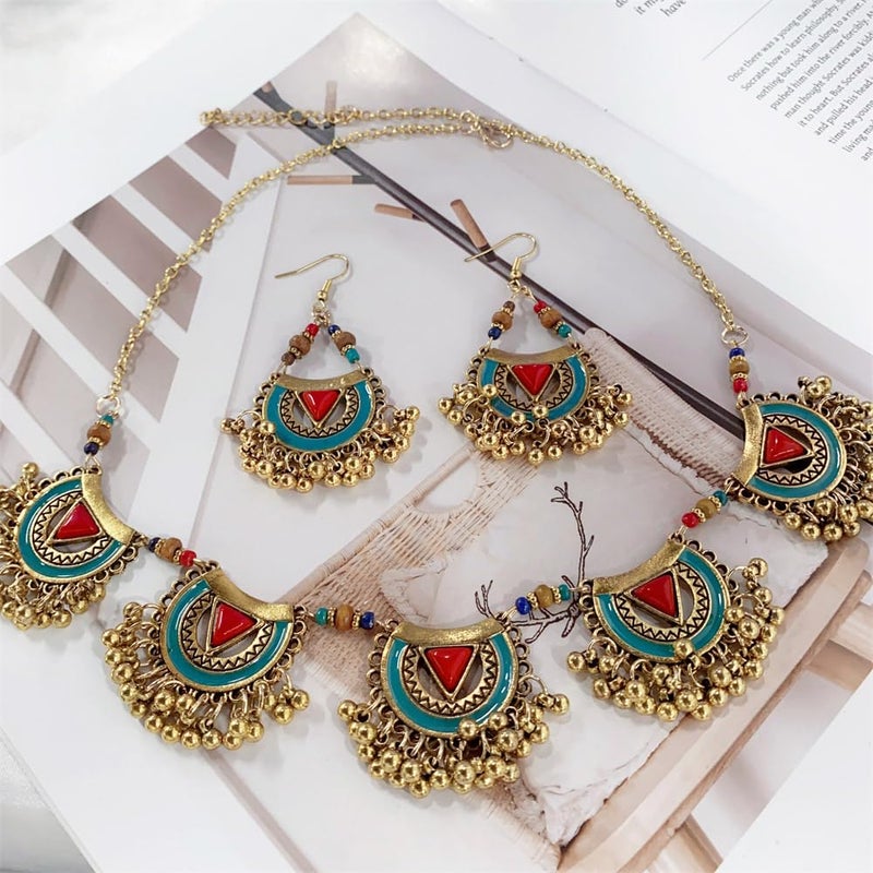 OIDIMS Bohemian Jhumkas Jewellery Set Vintage Oxidized Tribal Bollywood Traditional Jhumka Tassel Beaded Choker Necklace for Women Bride Ethnic Dangle Earrings Wedding Party Fashion Indian Costume Gifts - Image 4
