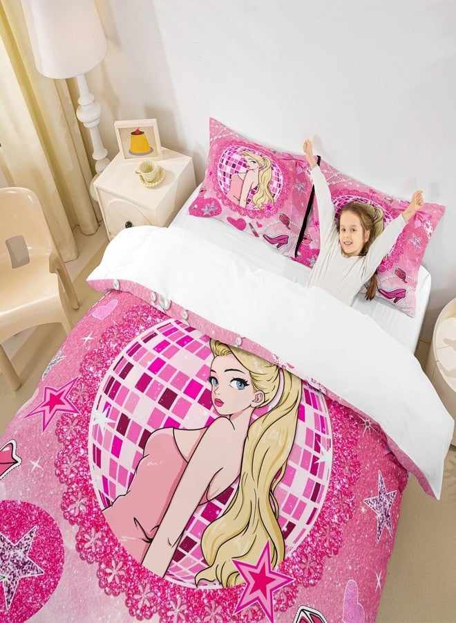 Homewish طقم غطاء لحاف وردي أنيق للأطفال، مقاس كوين، مزين بفيونكة على شكل حذاء بكعب عالٍ، طقم سرير رومانسي، ديكور غرفة نوم للبنات، غطاء لحاف مرصع بالترتر اللامع، غطاء لحاف حالم، غطاءان للوسائد - Image 4