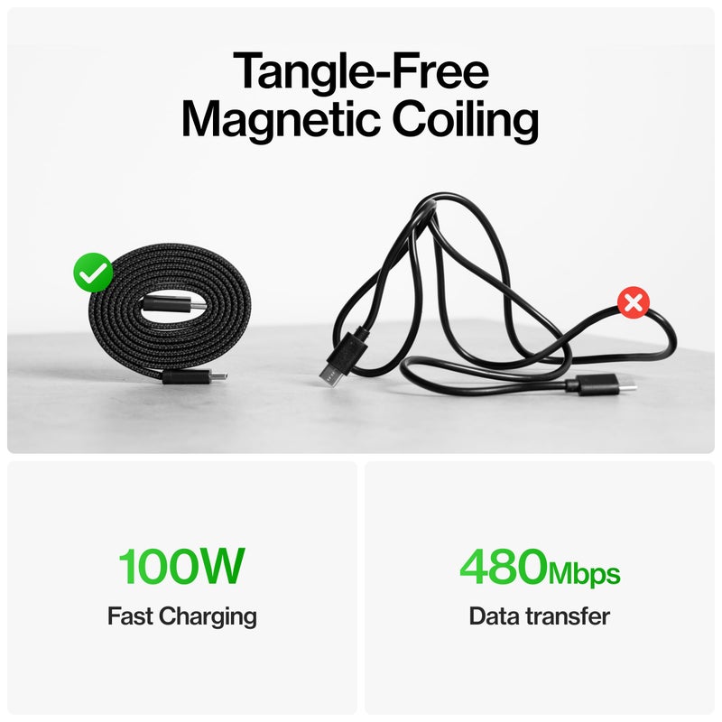 Statik MagStack Slim Pro - USB C to USB C Cable, Magnetic Anti Tangle Flat Type C Charger Fast Charging Cord, Magnetic Charging Cable, Compatible with iPhone, iPad & Android, 100W 3FT - Image 4