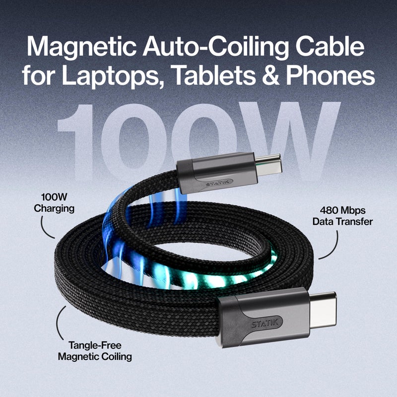 Statik MagStack Slim Pro - USB C to USB C Cable, Magnetic Anti Tangle Flat Type C Charger Fast Charging Cord, Magnetic Charging Cable, Compatible with iPhone, iPad & Android, 100W 3FT - Image 2