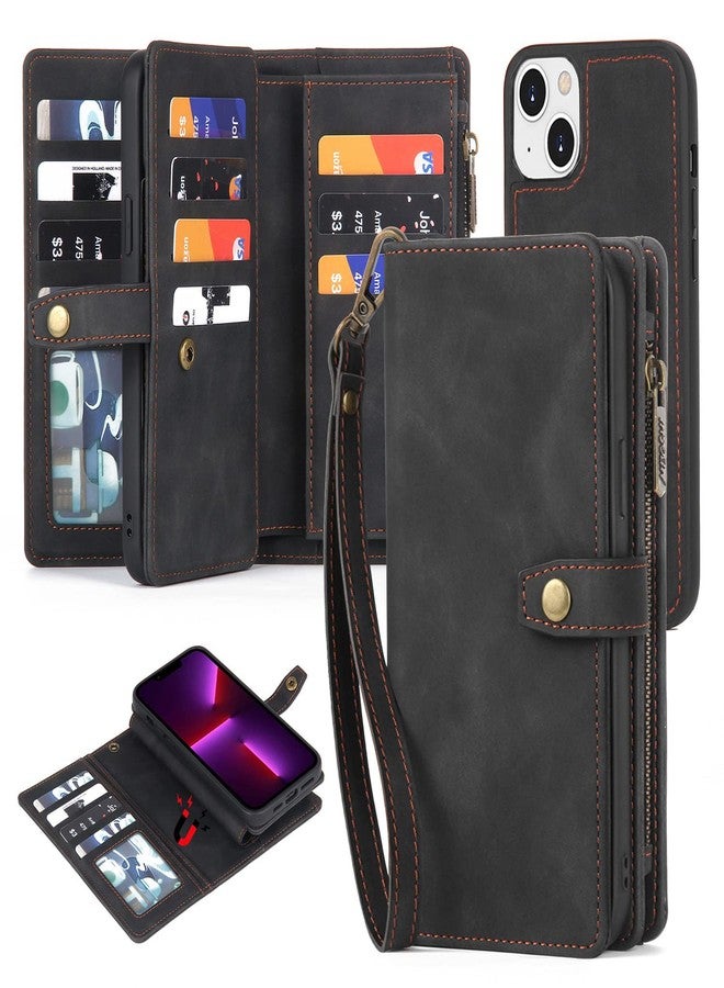 TwoHead Designed for iPhone 14 Wallet Case with Card Holder, Detachable Magnetic Phone Case PU Leather Wallet for Women/Men, with Wrist Strap (Black) - Image 1