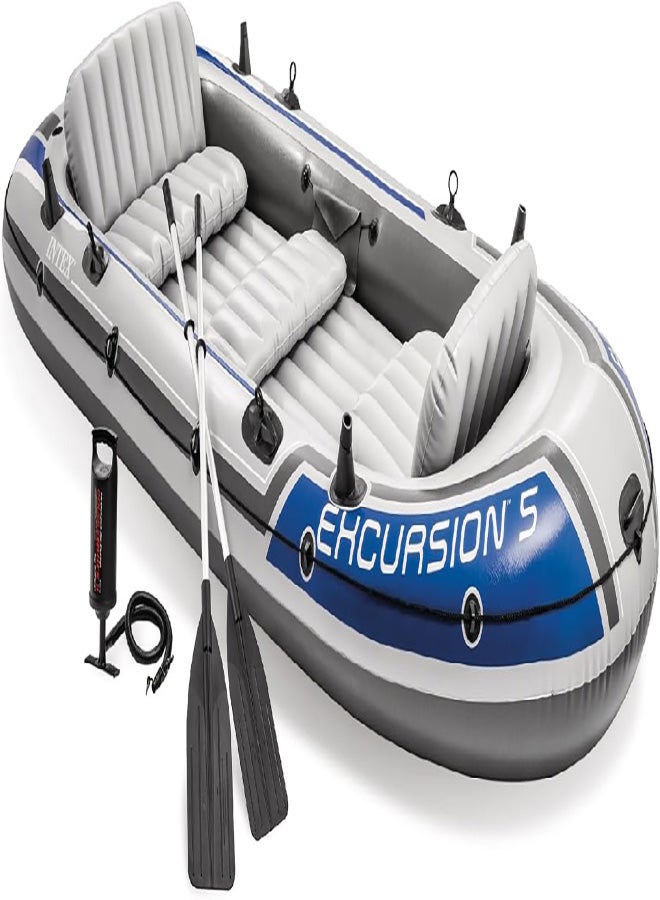 INTEX Excursion Inflatable Boat Series: Includes Deluxe 54in Boat Oars and High-Output Pump – SuperTough PVC – Adjustable Seats with Backrest – Fishing Rod Holders – Welded Oar Locks - Image 1