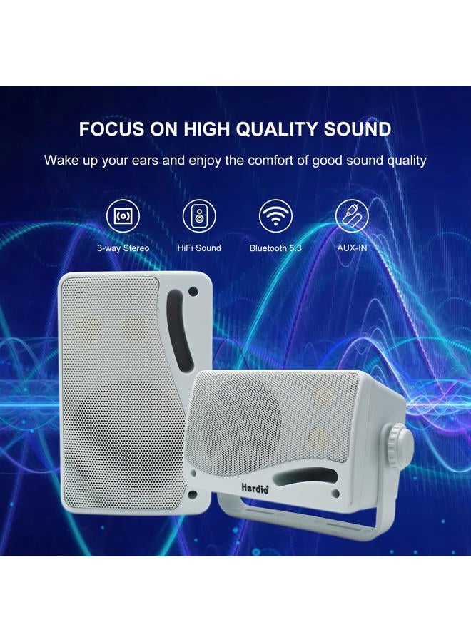 Herdio 3.5" Outdoor Bluetooth Speakers Wired Waterproof, 200W 3 Way Upgrade Premium Wall Mount Speakers, Durable Mountable Loud Sound System for Patio Indoor Deck Garage (White Pair) - Image 2