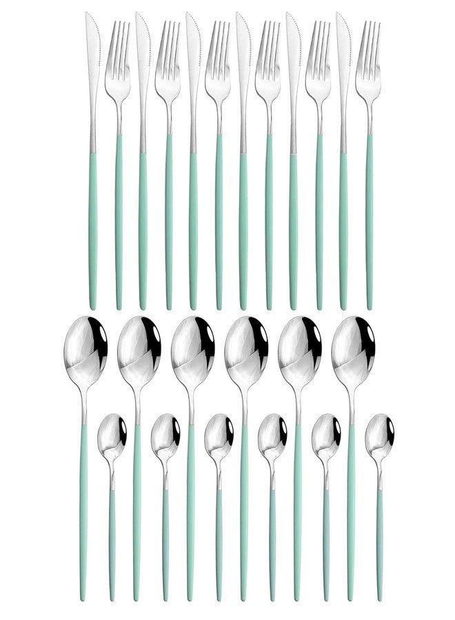 JASHII 24 Piece Titanium Mint Green Plated Stainless Steel Flatware Set, Utensils Set, Cutlery Set Service for 6 (Mint Green Handle, Shiny Silver) - Image 1