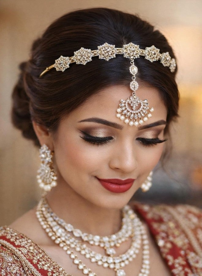 Ruhi Creation Kundan Pearl Sheeshphool Headband for Women | Bridal Matha Patti with Dangling Pendant | Traditional Rajwadi Borla Jewellery for Wedding - Image 2