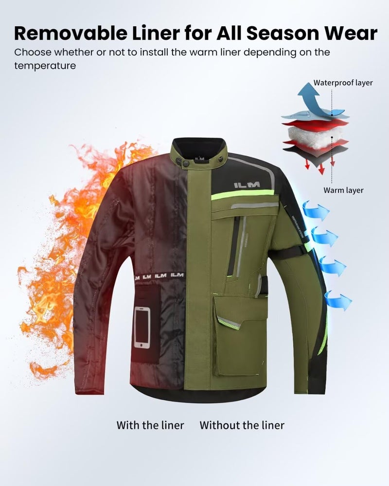 ILM Men's Street Motorcycle Jacket with CE Armor and Detachable Thermal Liner All Season Waterproof Adventure Touring Jackets Model JRL3 Green, L - Image 5