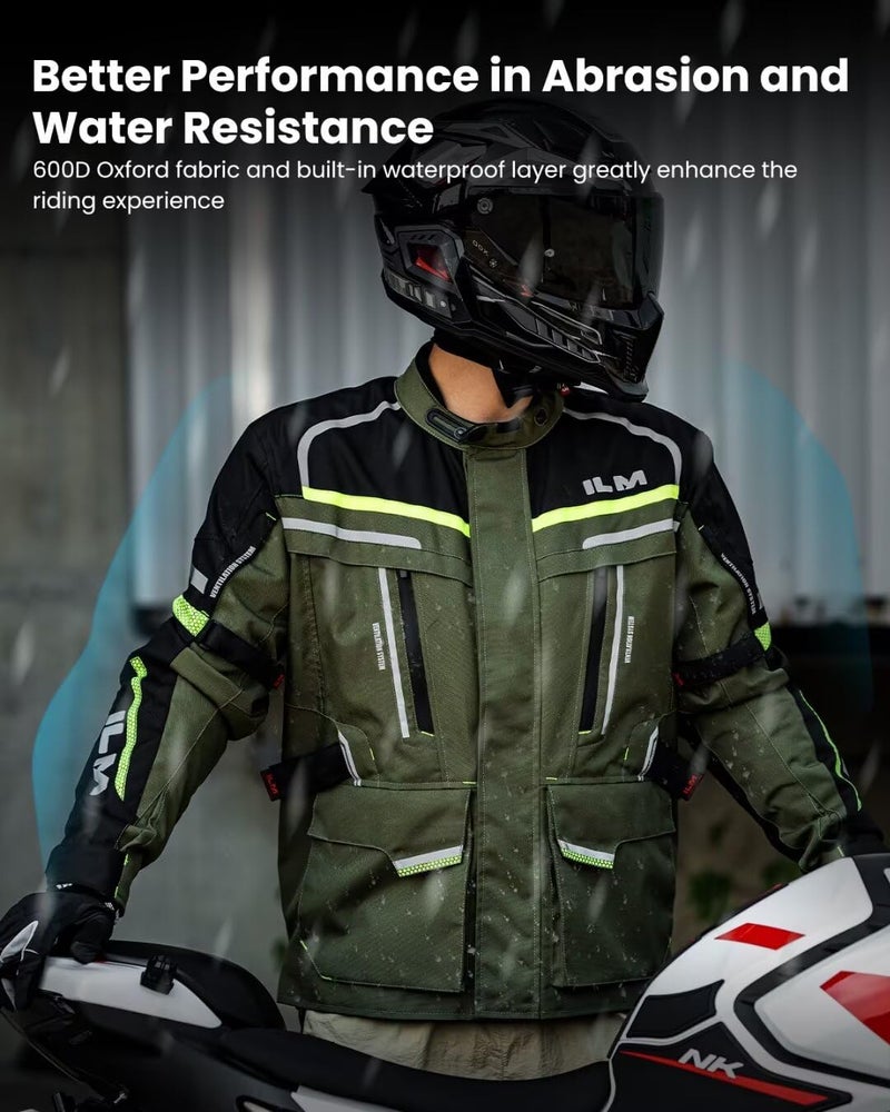 ILM Men's Street Motorcycle Jacket with CE Armor and Detachable Thermal Liner All Season Waterproof Adventure Touring Jackets Model JRL3 Green, L - Image 4