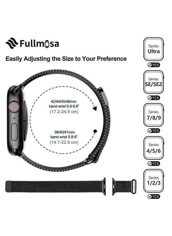 Fullmosa - Fullmosa Compatible with Apple Watch Strap 49mm 46mm 45mm 44mm 42mm（Series 3/2/1） Women Men,Milanese iWatch Strap Ultra 2/1 Series 10 9 8 7 6 5 4 3 2 1 SE SE2,Black [Watch and Case NOT Included] - Image 1