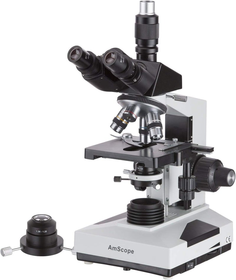 AmScope AmScope T490BDK Compound Trinocular Microscope WF10x and WF20x Eyepieces 40X2000X Magnification BrightfieldDarkfield Halogen Illumination Abbe Condenser DoubleLayer Mechanical Stage Sliding Head HighResolution Optics  - Image 1