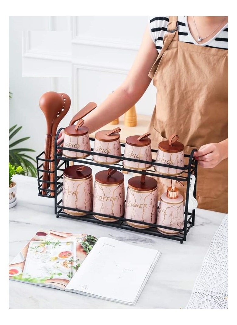 MARBLE - Porcelain spice set of 16 pieces on a metal stand, Marble Pink, MF361152302C - Image 1
