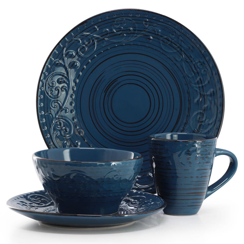 Elama Malibu Deep Ocean 16-Piece Stoneware Embossed Pattern Reactive Glaze Dark Blue Dinnerware Set, Tableware, Serveware Set (Deep Ocean Blue) - Image 2