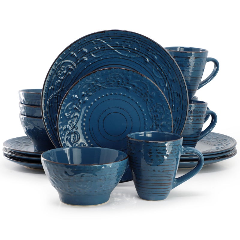 Elama Malibu Deep Ocean 16-Piece Stoneware Embossed Pattern Reactive Glaze Dark Blue Dinnerware Set, Tableware, Serveware Set (Deep Ocean Blue) - Image 1