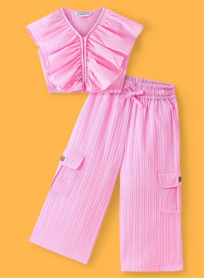 Ollington St. Textured Woven Sleeveless Top With Frill Detailing & Culottes/Co-ord Set With Pockets Solid Colour - Pink - Image 1