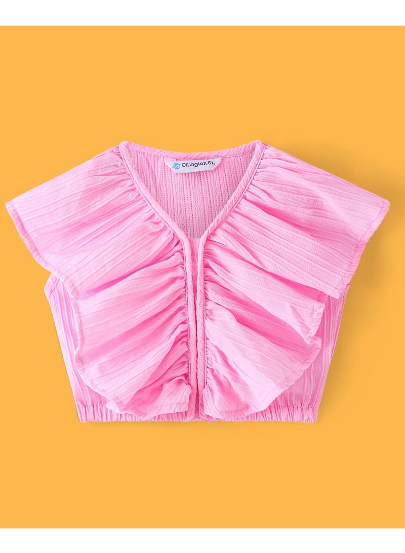 Ollington St. Textured Woven Sleeveless Top With Frill Detailing & Culottes/Co-ord Set With Pockets Solid Colour - Pink - Image 2