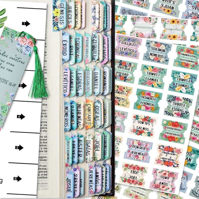 Cualfec Spanish Bible Index Tabs New & Old Testament Tabs Matte Laminated Floral Design, Bible Journaling Supplies - 122 Pcs (Floral) - Image 1