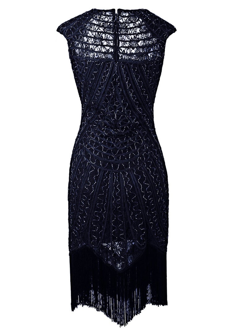 Vijiv Vintage 1920s Inspired Embellished Beaded Lace Cocktail Flapper Dress Navy Blue - Image 4